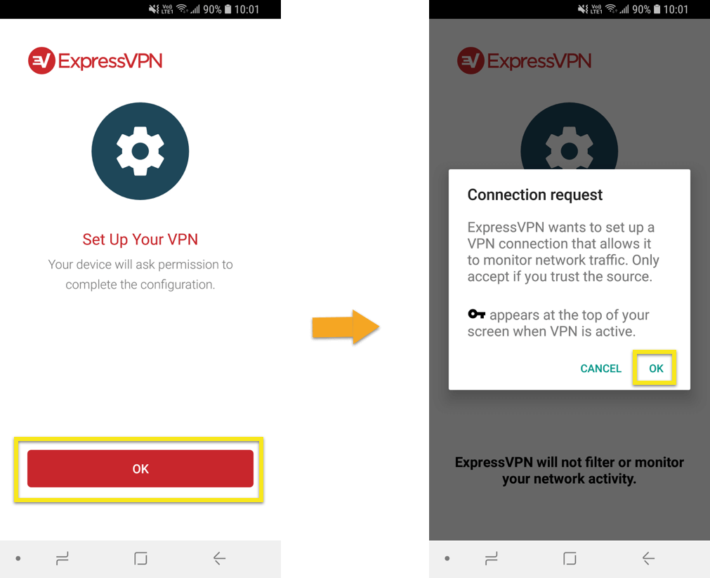 Expressvpn Setup And Connection Request Screens With (1011x823), Png Download