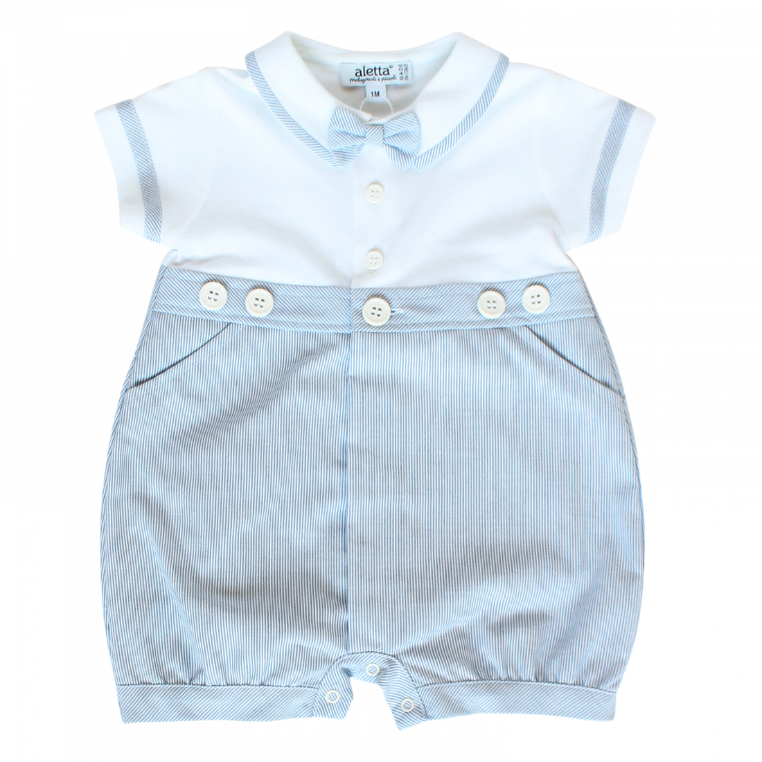 Babygrow In White And Blue Cotton With Bow-tie - Cotton (1100x1100), Png Download