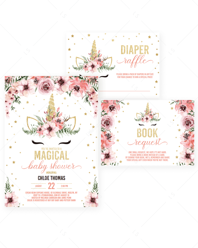 Unicorn Baby Shower Invitation Bundle Pink And Gold - Unicorn Gold Baby Shower (819x1024), Png Download