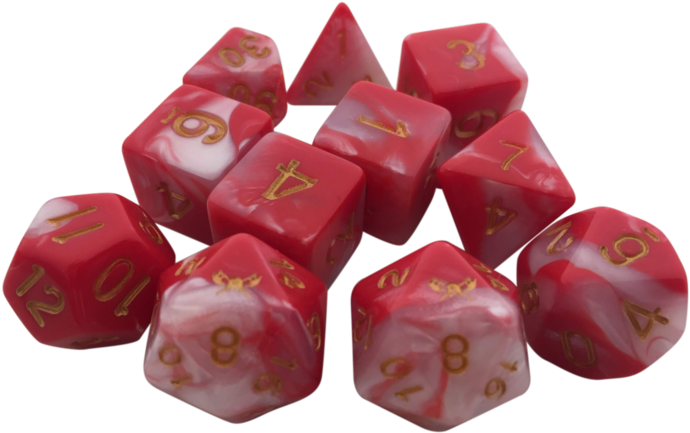 Huntress- Red And White Swirl Color With Gold Numbers - Dice Game (750x563), Png Download