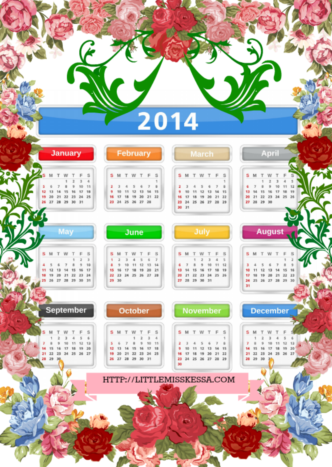 Free 2014 Floral Printable Calendar - Calligraphy (1138x1600), Png Download