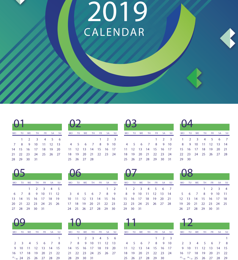 Blue Curve New Year Calendar 2019 Vector - Number (800x875), Png Download