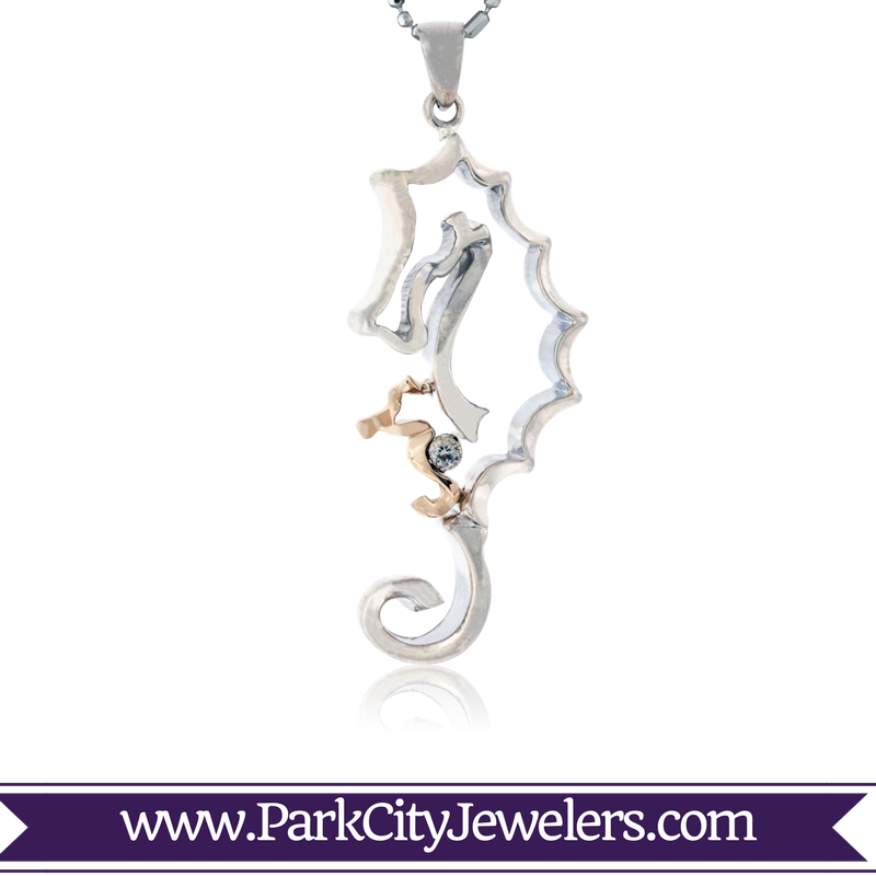 Parent & Baby Seahorse Pendant With Diamond - Gold Ring Colour Stone (800x800), Png Download