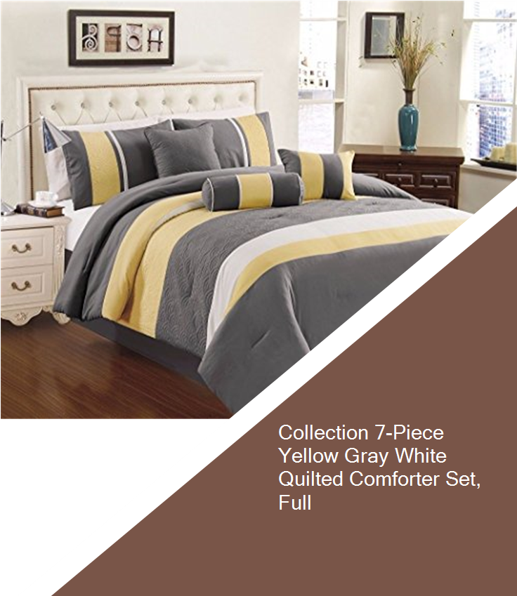 Collection 7-piece Yellow Gray White Quilted Comforter - Simple Yellow And Gray Bedding (735x1100), Png Download