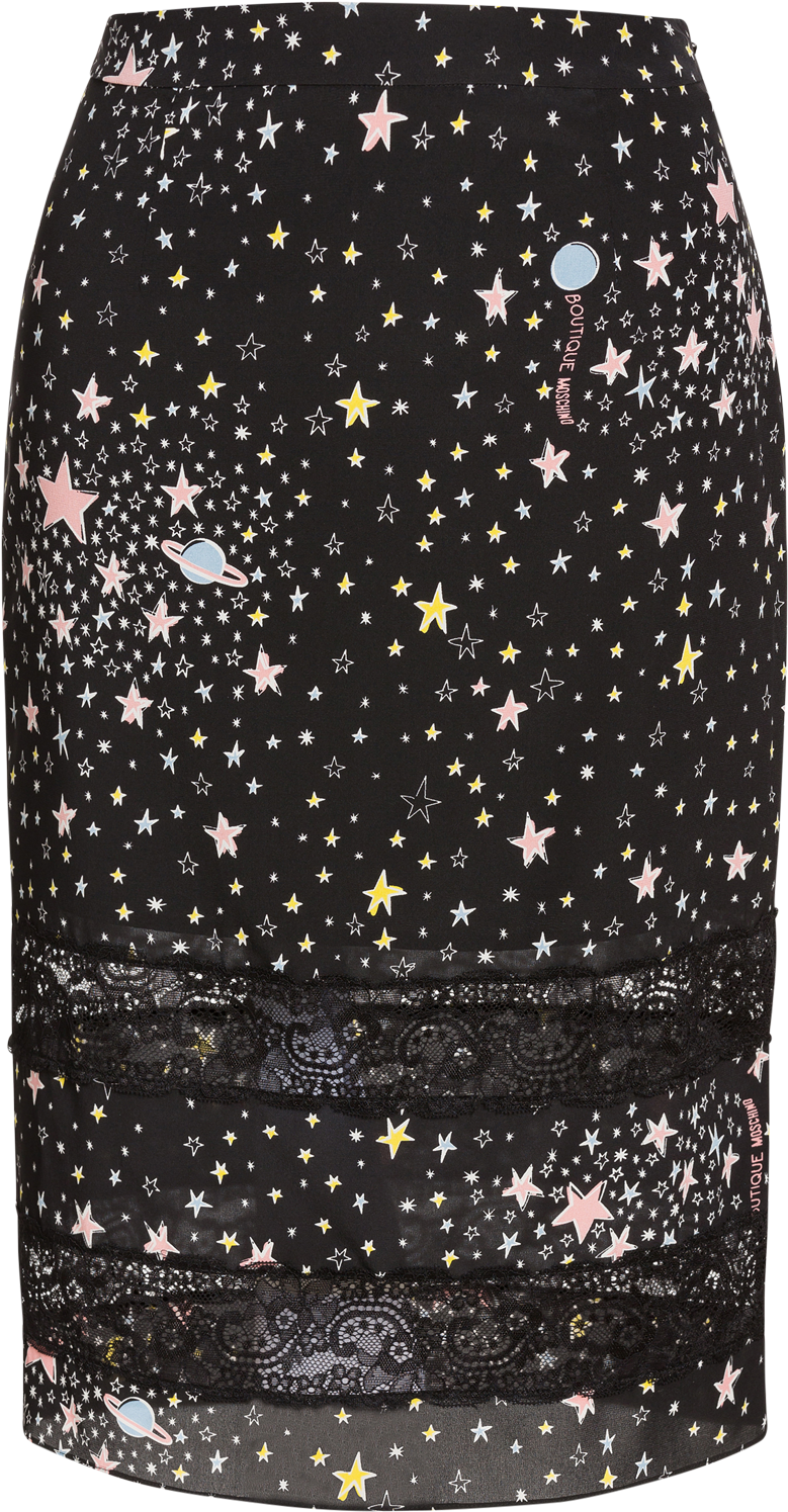 Silk Midi Skirt With Little Stars Print And Lace Inserts - Pencil Skirt (2500x3188), Png Download