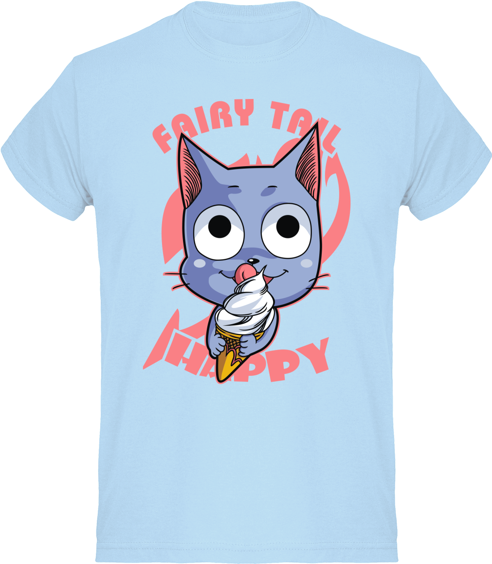 T Shirt Fairy Tail Bleu Pour Homme Du Chat Happy De - Cartoon (1010x1200), Png Download