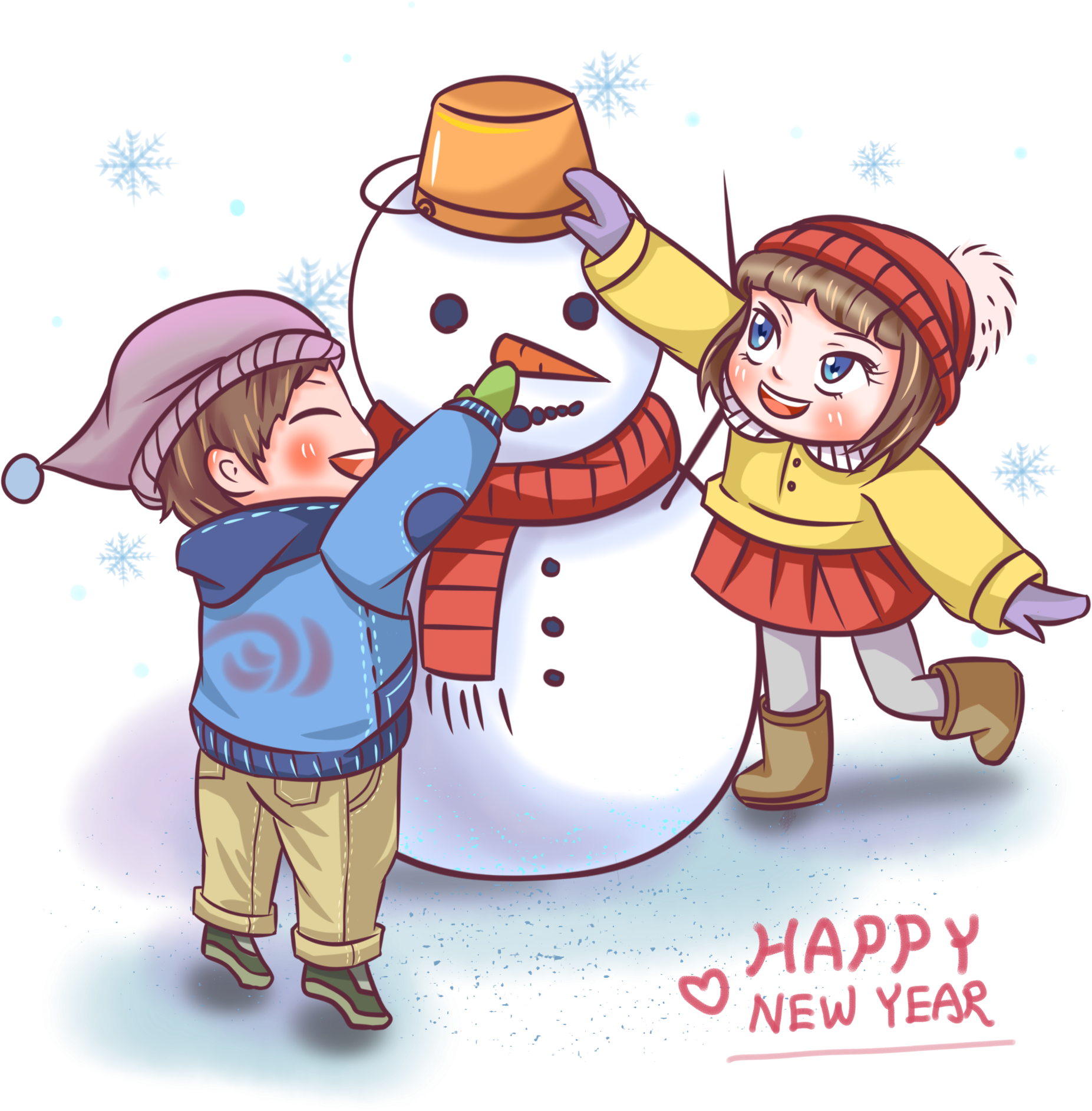 New Year Playful Scene Play Snowman Child Png And Psd - Cartoon (2000x2000), Png Download