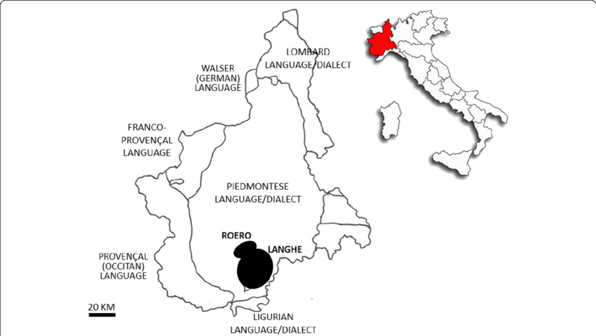 The Study Areas Within The Linguistic Map Of Piedmont, - Map (850x480), Png Download