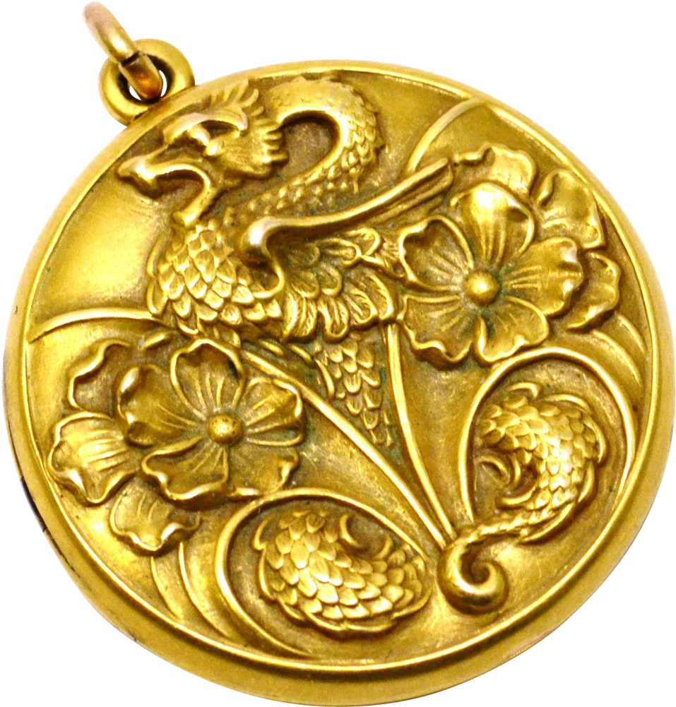 Antique Victorian 14k Gold Dragon And Flowers Repousse - Brass (1000x1000), Png Download