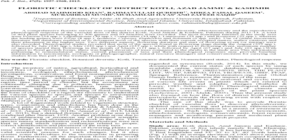 Floristic Checklist Of District Kotli, Azad Jammu Kashmir - Document (1200x630), Png Download