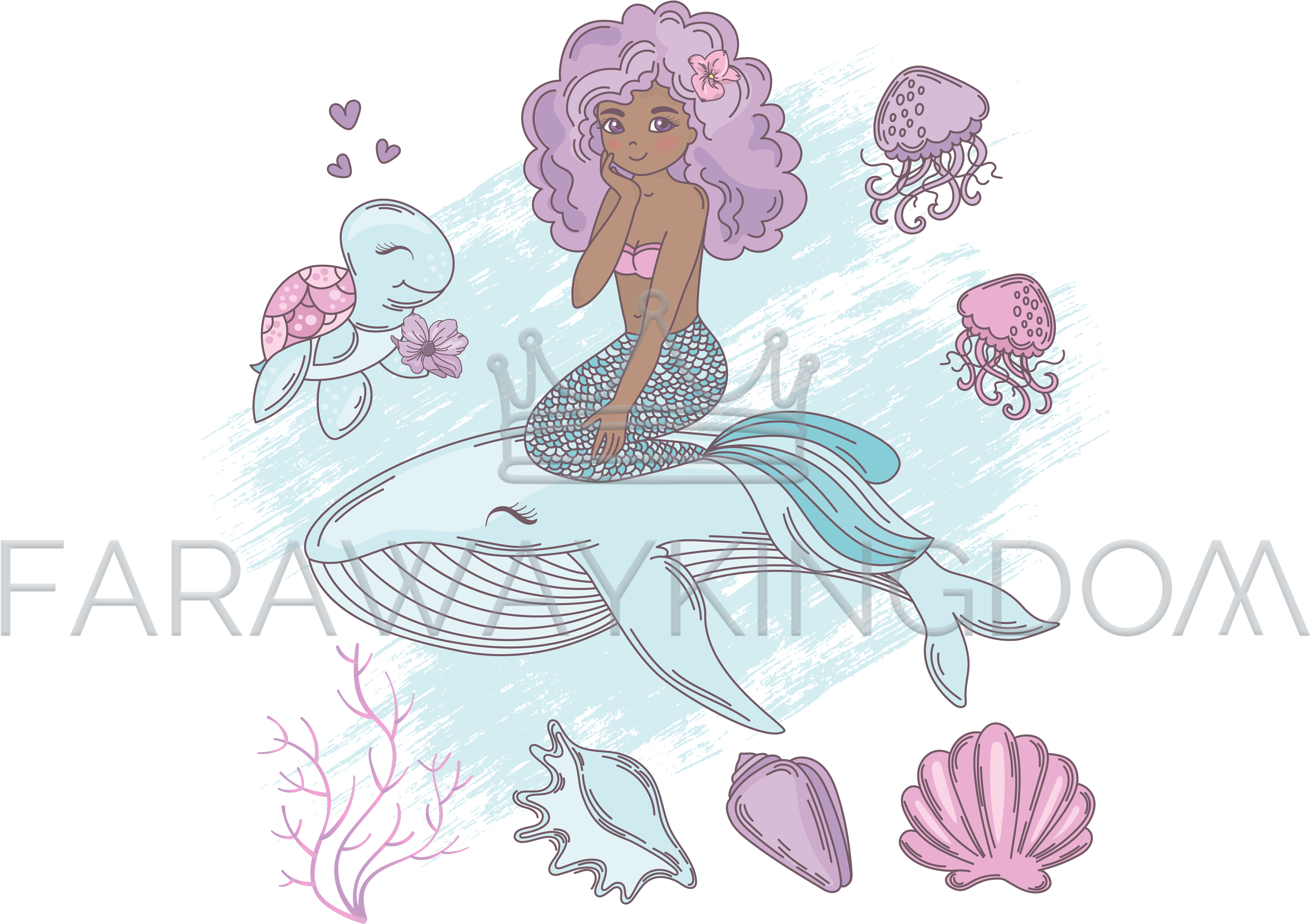 Mermaid Whale Cartoon Travel Tropical Vector Illustration - Illustration (3508x2480), Png Download