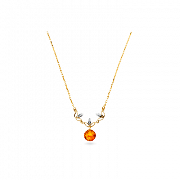 14 Carat Gold Necklace With Amber Bead And Diamonds, - Necklace (580x580), Png Download