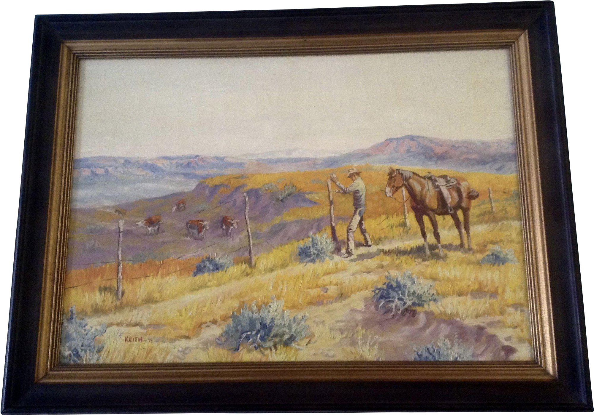 Keith Christie, Oil Painting, Cowboy Repairing A Broken - Cowboy Fixing Barbed Wire Fence (2000x2000), Png Download