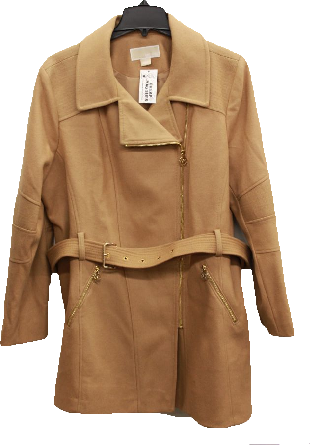 Michael Kors Women's Tan Full-zip Wool Coat, Size Pxxl - Leather Jacket (720x1080), Png Download