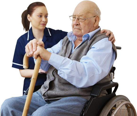Elderly With His Personal Nurse - Sitting (635x576), Png Download