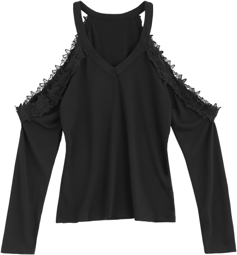 Buy Lace Trim Cold Shoulder Tee - Blouse (480x640), Png Download