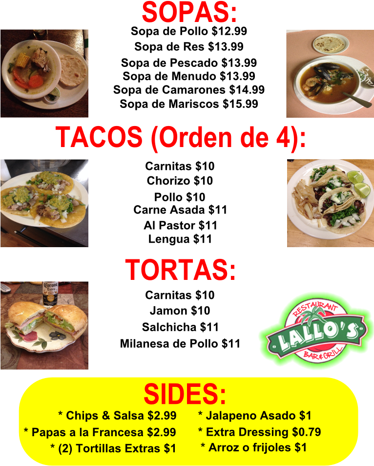Lallo's Bar & Grill - Mexican Food In Spanish (765x990), Png Download