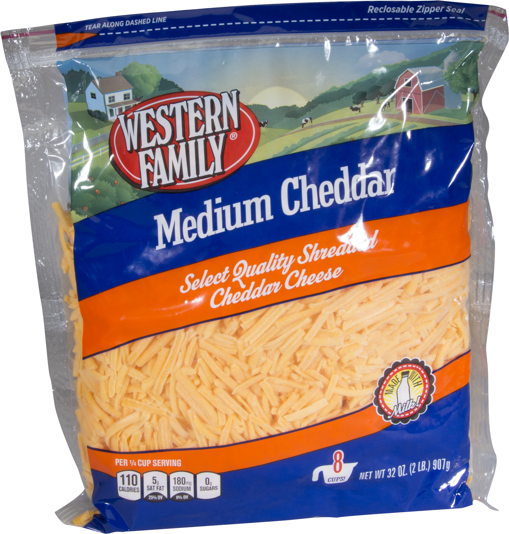 Western Family Medium Shredded Cheddar Cheese, 32 Oz - Penne (1728x1800), Png Download
