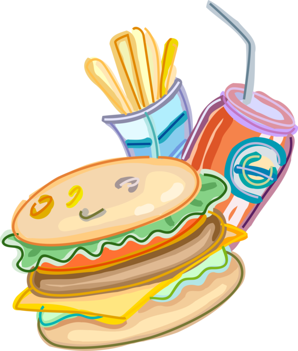 Vector Illustration Of Fast Food Hamburger With French - Contributing Factors Of Childhood Obesity (594x700), Png Download