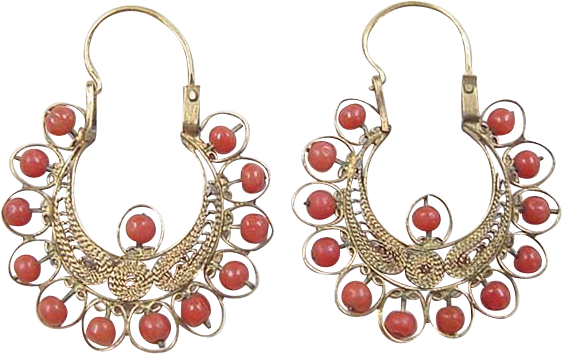 Victorian 21k Gold Red Coral Filigree Hoop Earrings - Earrings (561x561), Png Download