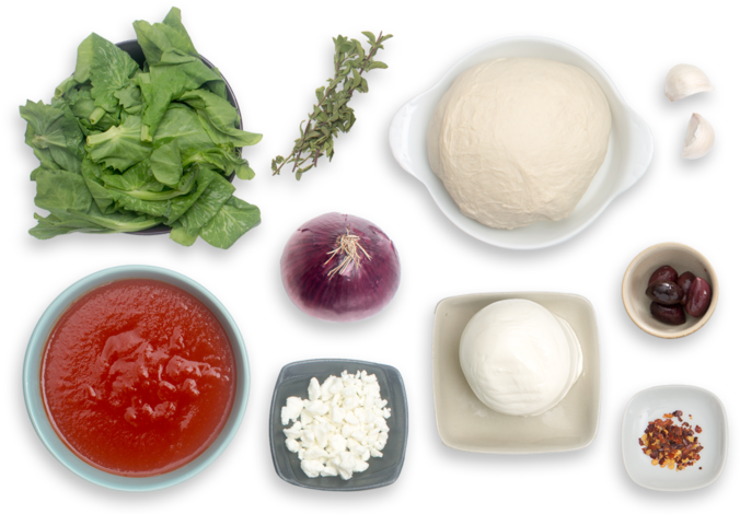 Greek Pizza With Kalamata Olives, Feta & Pea Tips - Basic Pizza Ingredients Png (700x477), Png Download