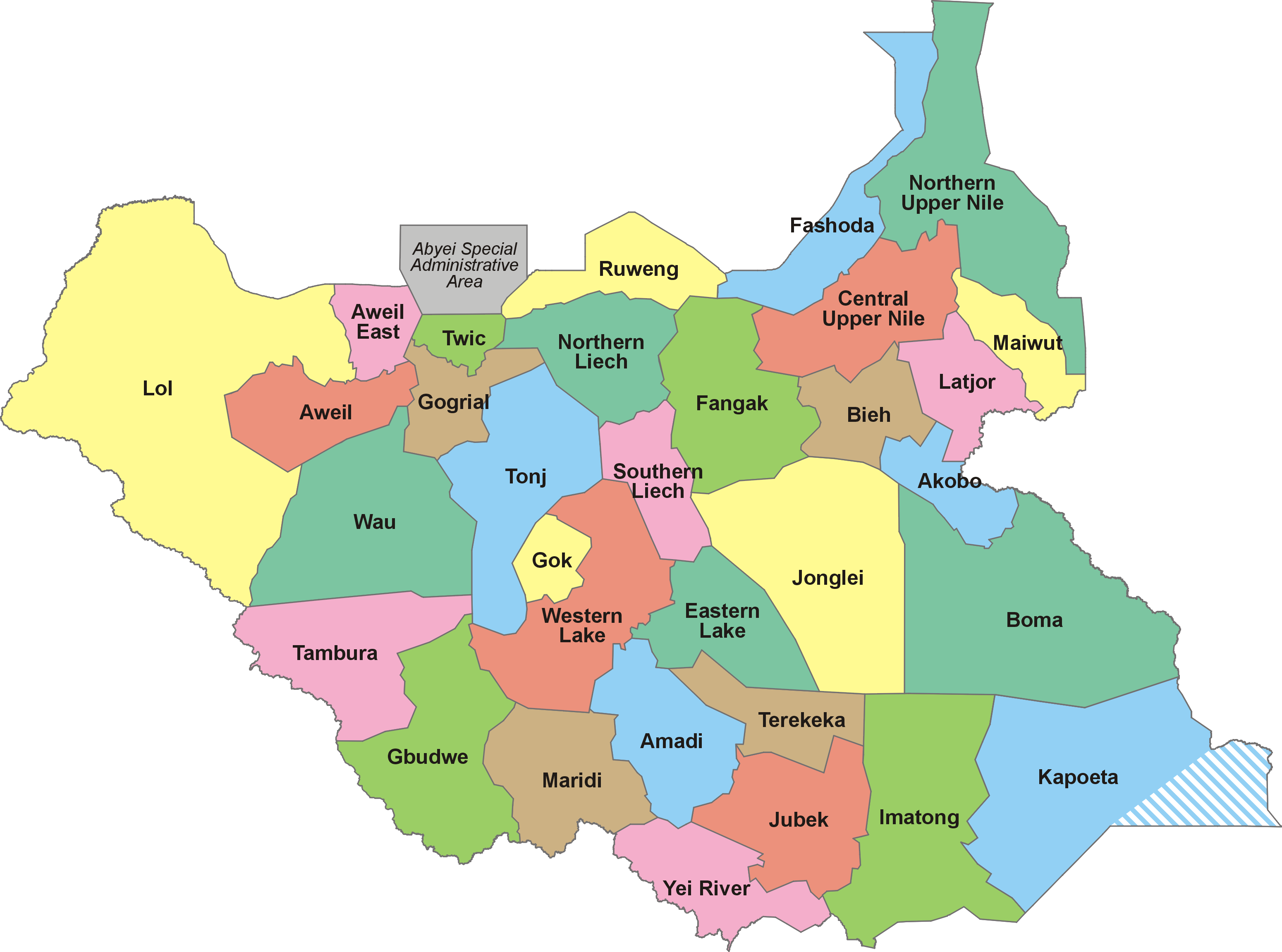 South Sudan 32 States Map (3100x2302), Png Download