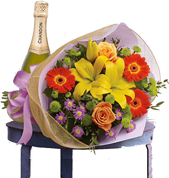 Flowers And Champagne Bright Lights - Bouquet (580x623), Png Download