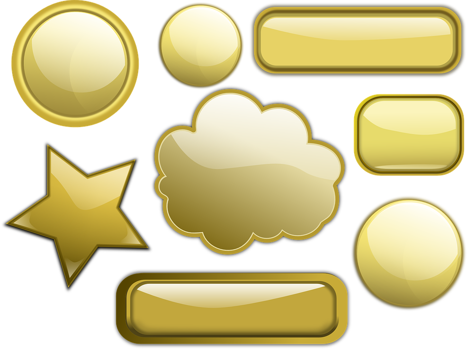 Gold, Glossy, Badges, Clouds, Speech Bubble - Buttons Gold Png (640x478), Png Download