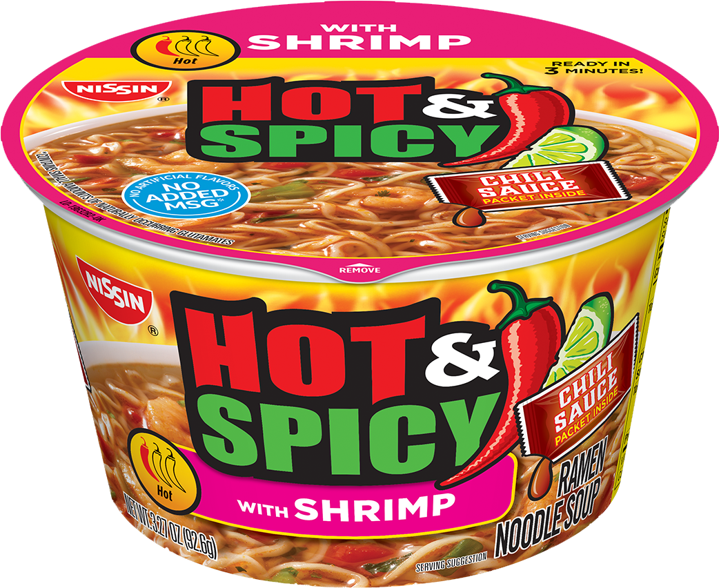 Nissin Bowl Noodles Hot And Spicy Shrimp Flavor - Cup Of Noodles Spicy (1230x853), Png Download