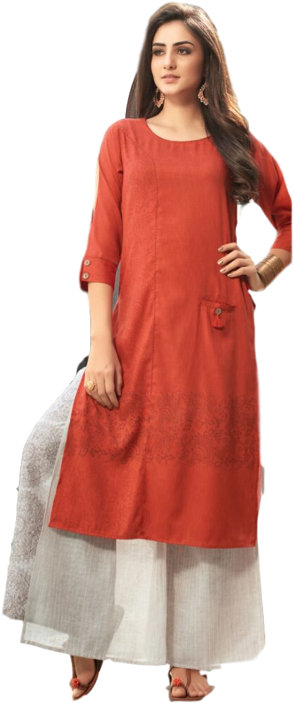 S4u Orange Cotton Straight Kurti - Girl (867x1280), Png Download