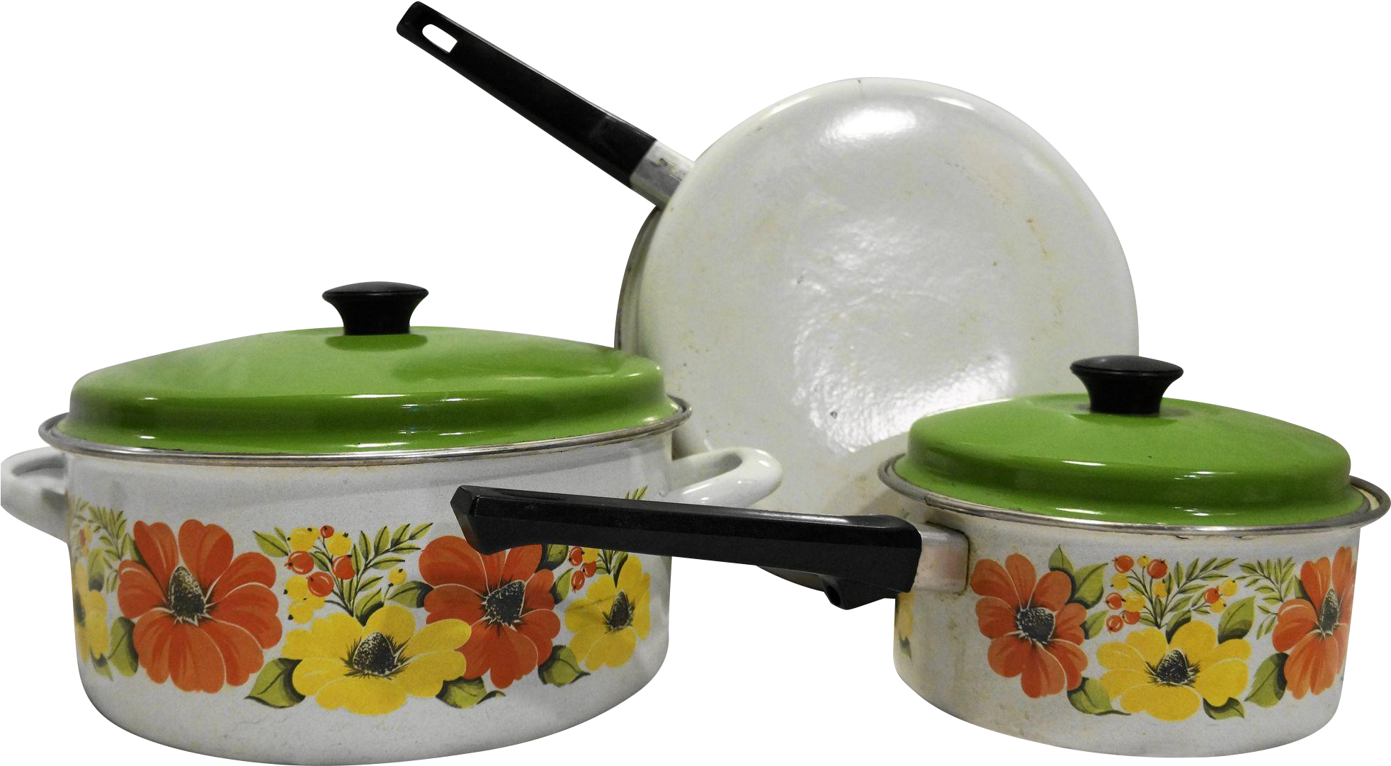 Orange Yellow Flower Porcelain Enamel Cookware Set - 1970s Pots And Pans (1963x1963), Png Download