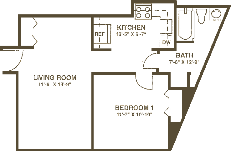 One Bedroom, 589 Square Feet, Corner Apartment One - 589 Square Feet Apartment (788x530), Png Download