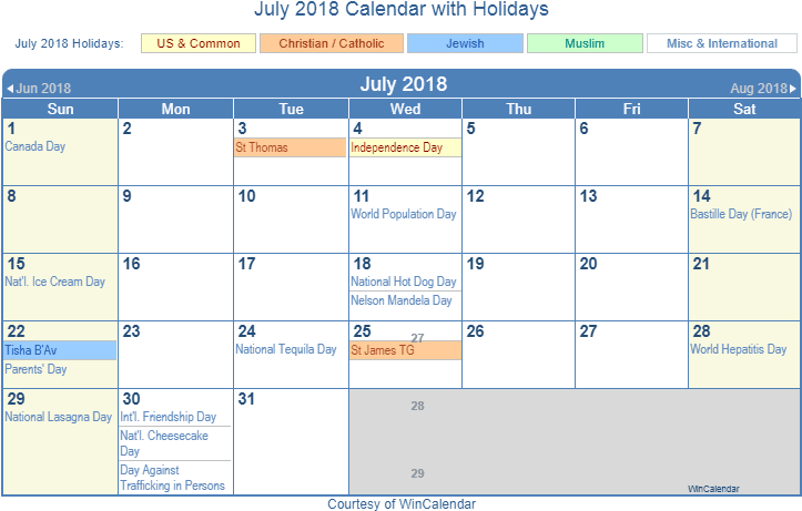 July Calendar 2018 Printable Template - Holidays In July 2019 - Free ...