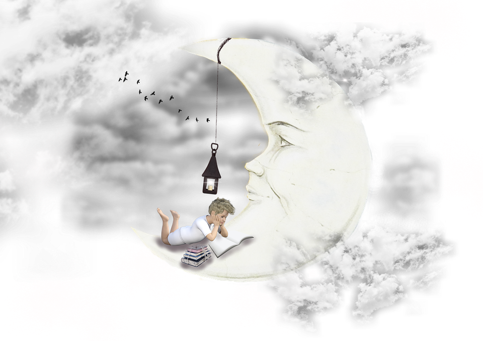 Moon, Clouds, Dream, Lantern, Sky, Boy, Child, Books - Moon Dream Png (960x678), Png Download
