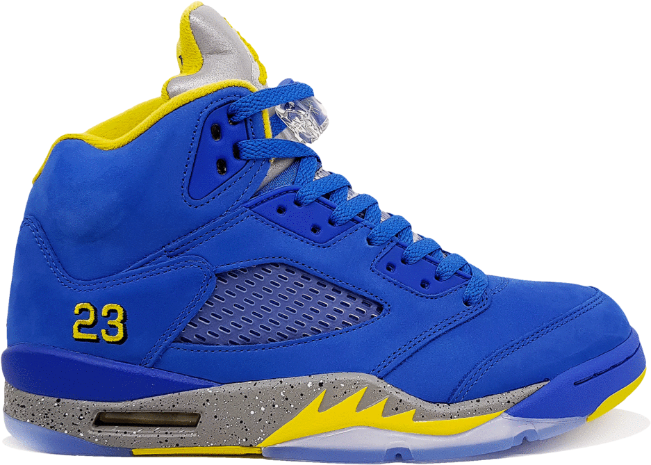blue and yellow jordans 5