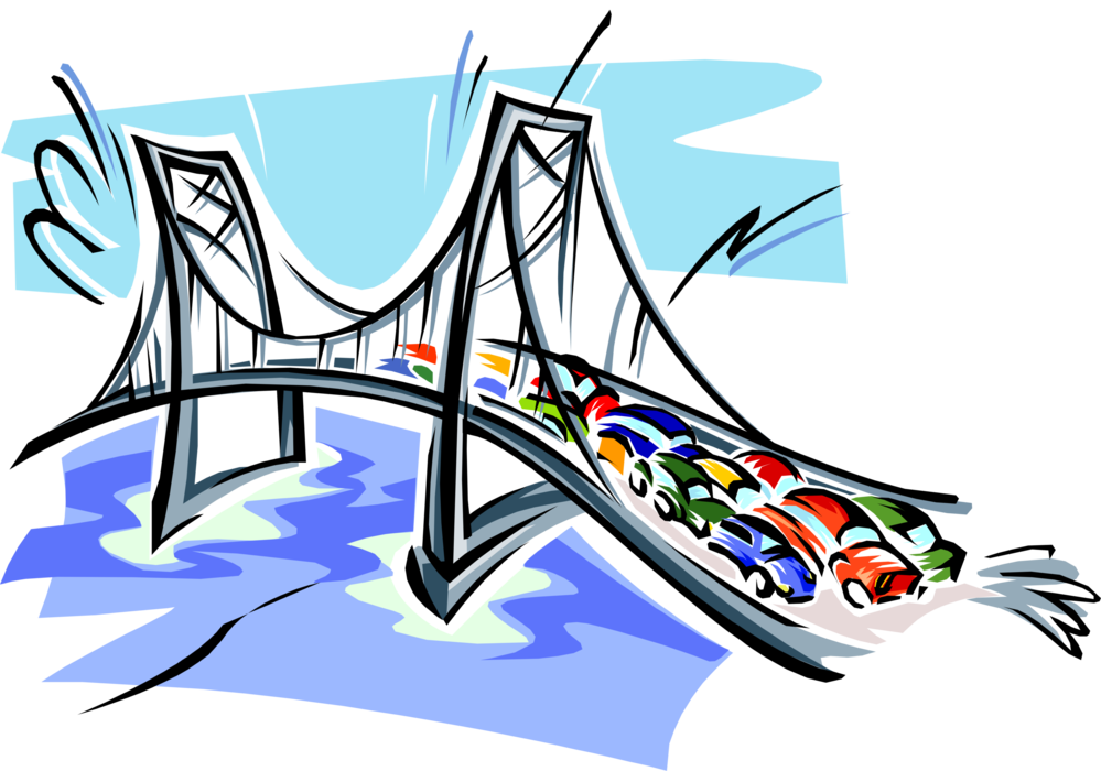 Vector Illustration Of Suspension Bridge In Rush Hour - Bridge With Cars Clipart (999x700), Png Download