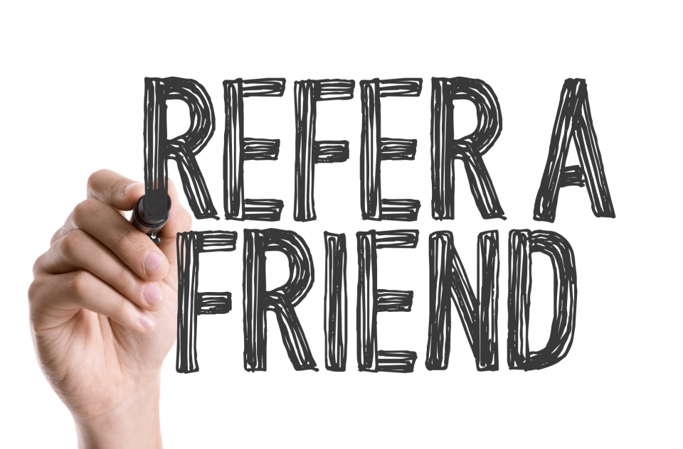 Calgary Office Movers Hand Writing "refer A Friend" - Employee Referral (960x632), Png Download