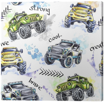 Watercolor Seamless Pattern Cartoon Monster Trucks - Watercolor Painting (400x400), Png Download