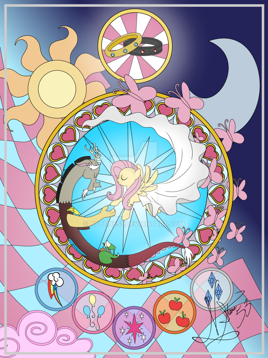 Stained Glass Poster Print By Nstone53 - Fluttershy And Discord Stained Glass (900x1200), Png Download