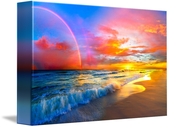 Pink Sunset Beach With Rainbow And Ocean Waves By Eszra - Pink Sunset Beach (650x489), Png Download