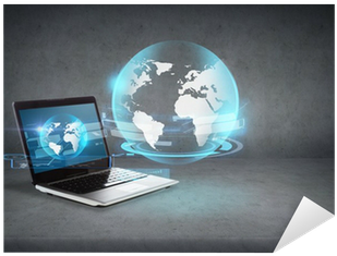Laptop Computer With Globe Hologram On Screen Sticker - World Map (400x400), Png Download