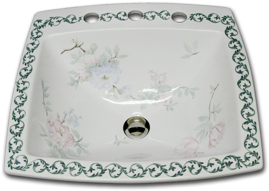 Kb 42 500 Watercolor Flowers Wtih Vine Rim - Bathroom Sink (600x400), Png Download