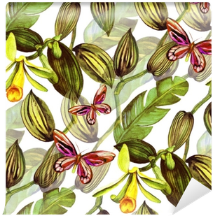 Seamless Pattern With Tropical Leaves And Vanilla Orchid - Orchids (400x400), Png Download