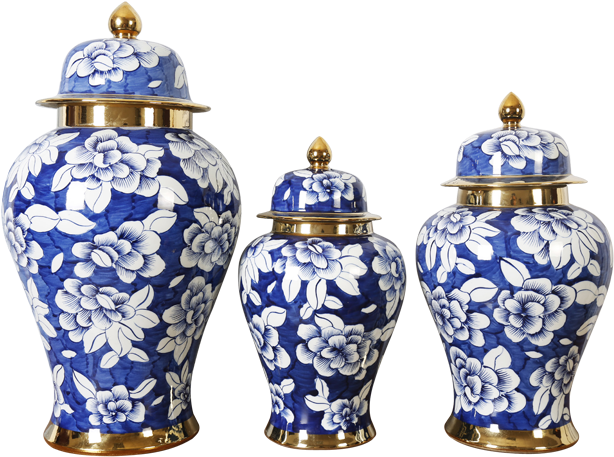 Chinese Hand Painted Ceramic Flower Vase In Golden - Blue And White Porcelain (750x750), Png Download
