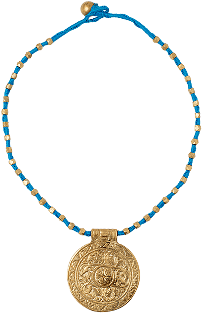 Dhokra Sky Blue Necklace With Round Golden Pendant - Pendant (500x750), Png Download