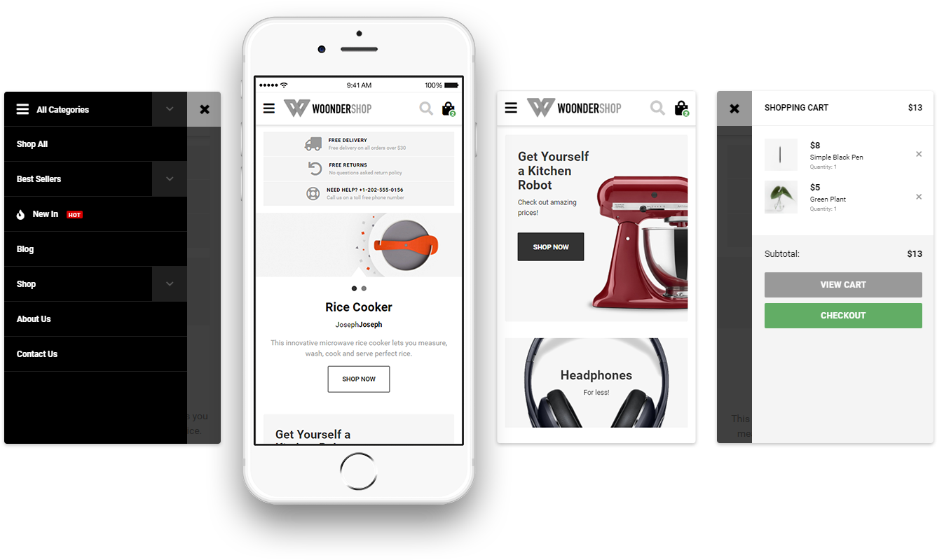 Mobile Screens Of Woondershop Theme - Mobile First Woocommerce Theme (1351x803), Png Download