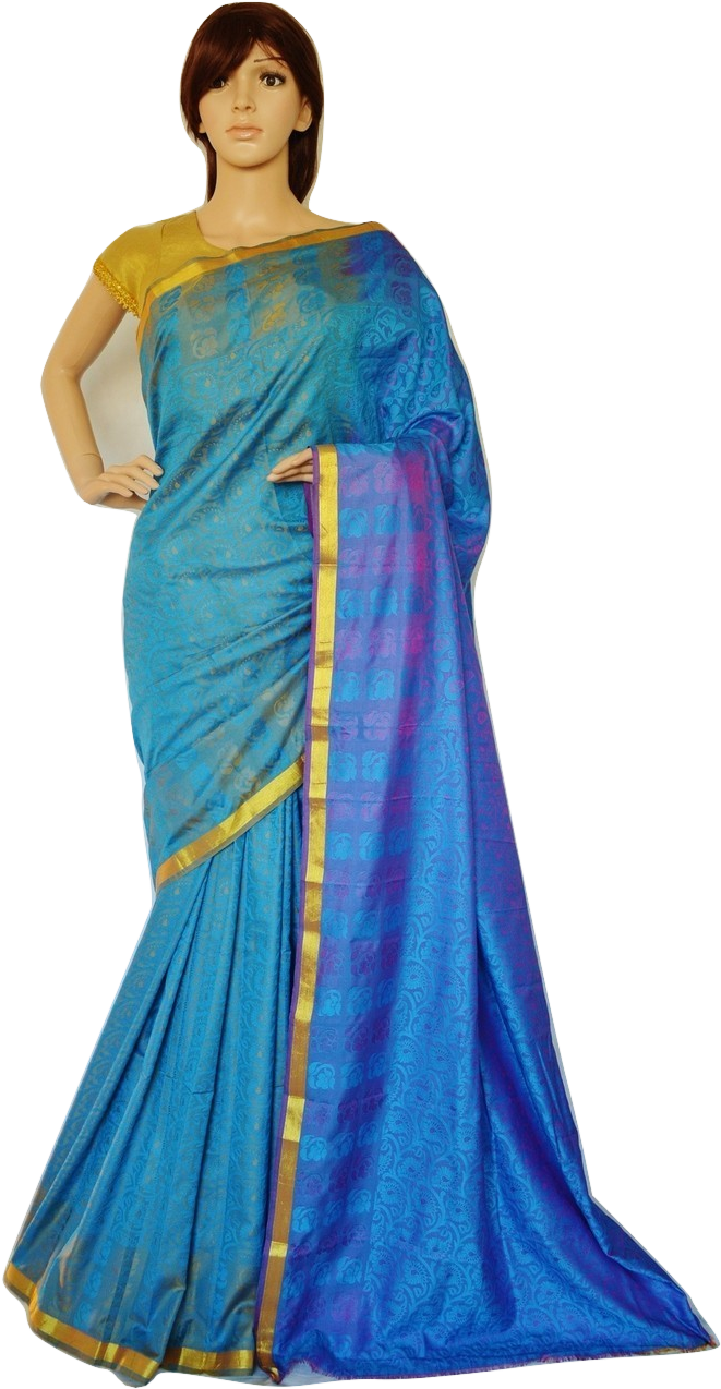 Teal,blue & Gold Colour Kanchipuram Silk Saree - Sari (714x1288), Png Download