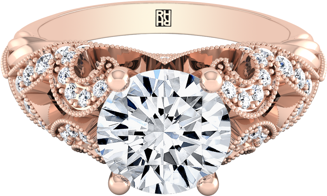 Round Cut Diamond Engagement Ring With Scroll Detail - Engagement Ring (1400x1400), Png Download