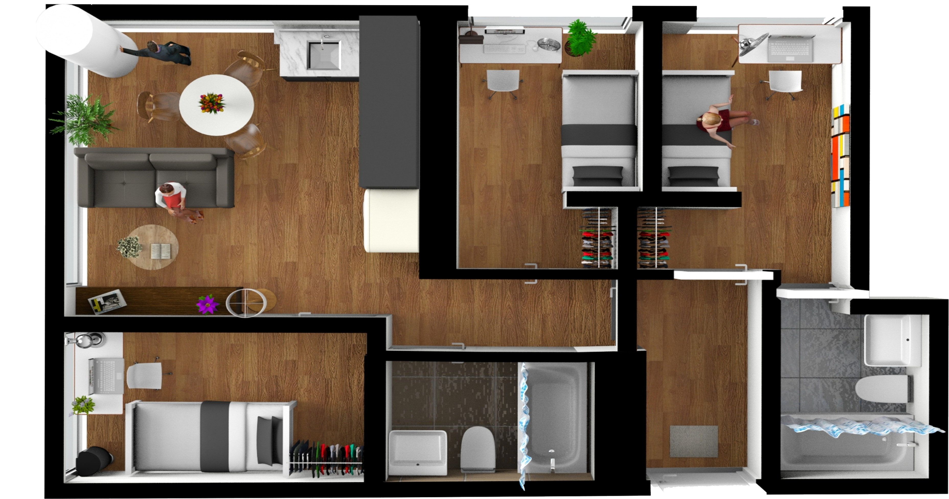 Hoem 3 Bedroom - 3 Bedroom 3d Floor Plan (3840x2160), Png Download