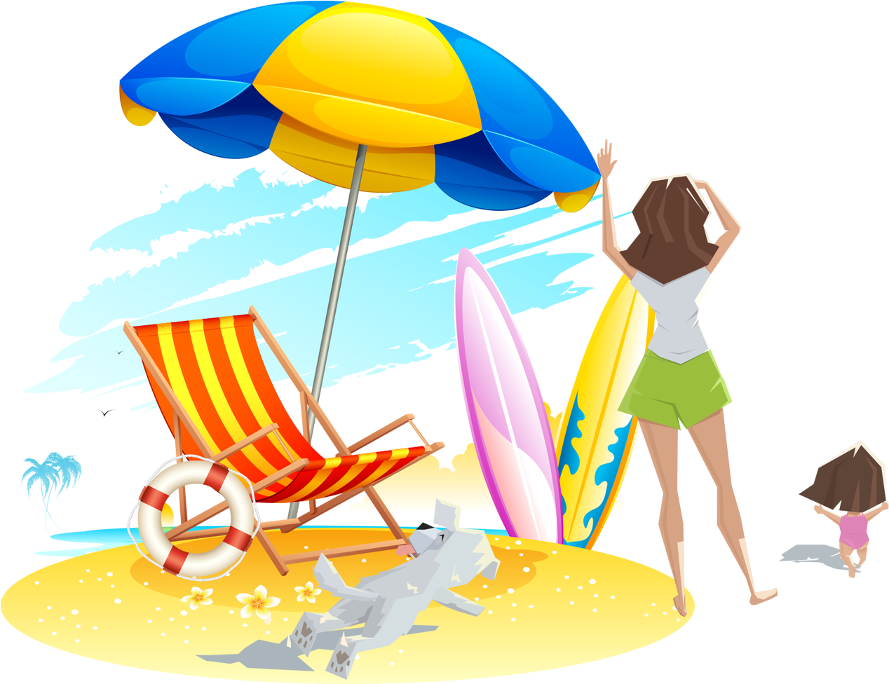 Deckchair Clip Art Sand Transprent Png Free Ⓒ - Dibujo Sombrilla Playa (1344x1058), Png Download